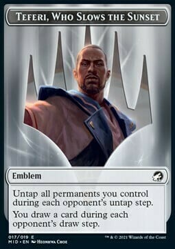 Teferi, Who Slows the Sunset Emblem // Clue Frente